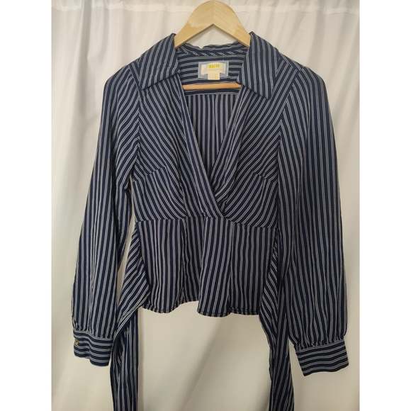 Maeve Anthro Surplice Long Sleeve Oxford Stripe Collared V-Neck Wrap Top US 0 - Picture 2 of 6